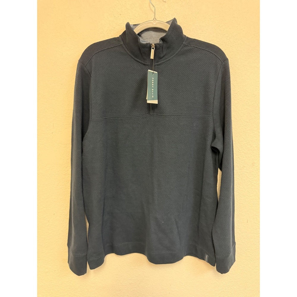 Perry Ellis Men's Large Dark Sapphire Blue Quarter Zip Pullover Sweater NWT